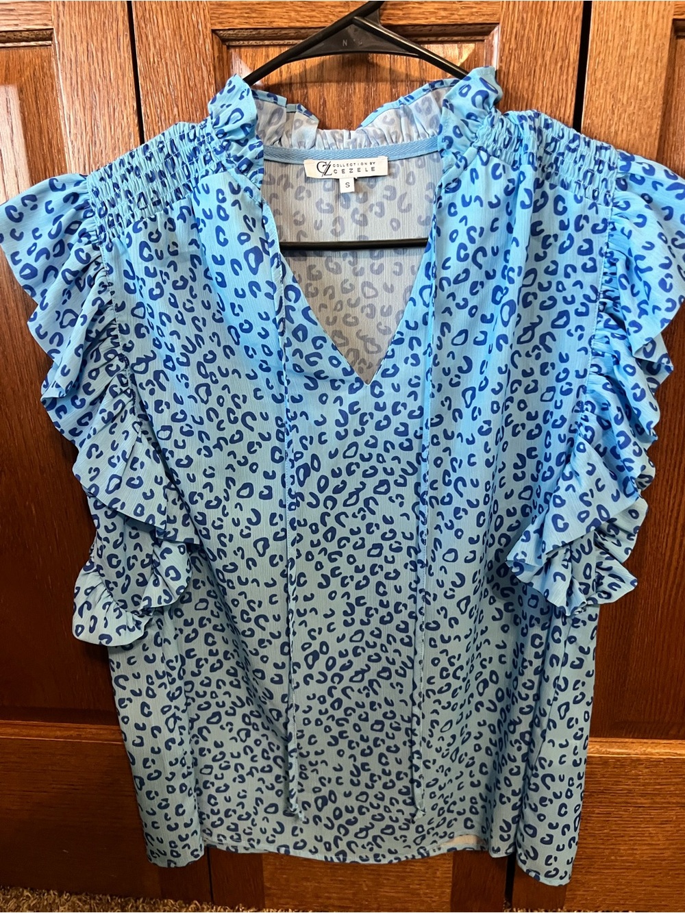 Zele Blue Leopard-Print Ruffle Sleeve V-Neck Blouse